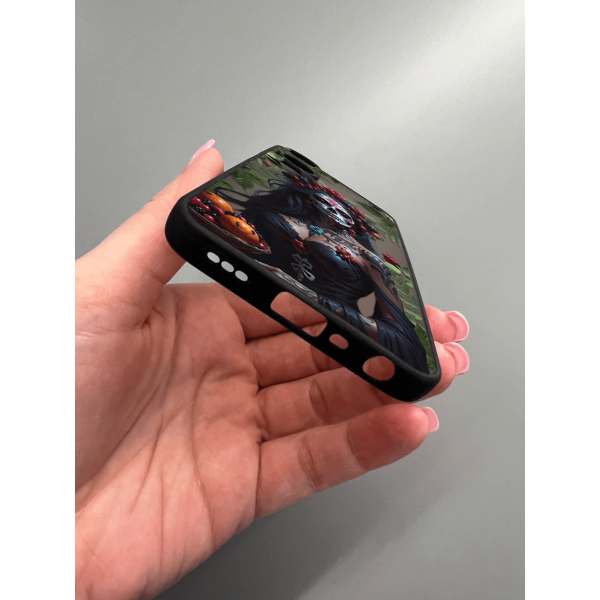 Чехол для Oppo A98 с защитой камеры девушка Санта-Муэрте и листьями