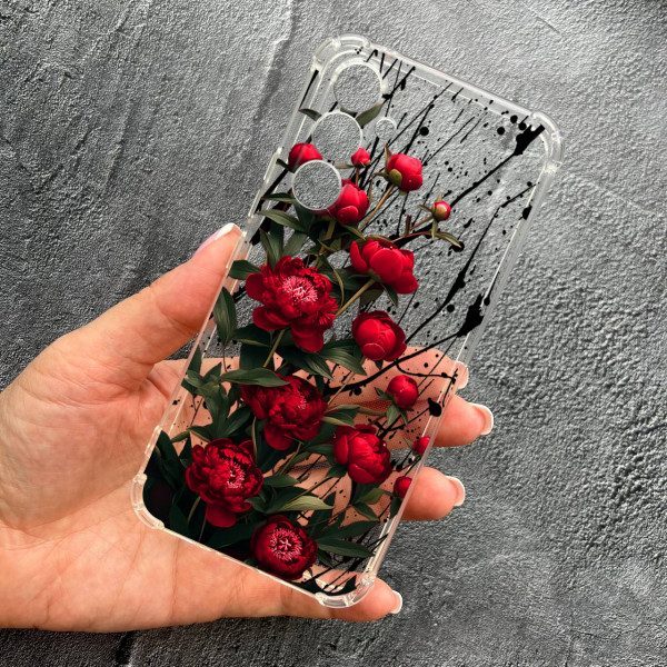 Чехол для Samsung Galaxy M35 с защитой камеры с маленькими цветками красными пионами противоударный прозрачный силиконовый чехол