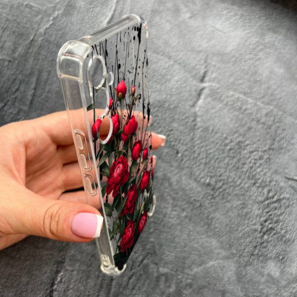 Чехол для Samsung Galaxy M35 с защитой камеры с маленькими цветками красными пионами противоударный прозрачный силиконовый чехол