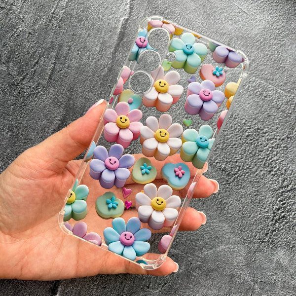 Чехол для Samsung Galaxy M35 с защитой детский камеры с цветами и смайликами противоударный прозрачный силиконовый чехол