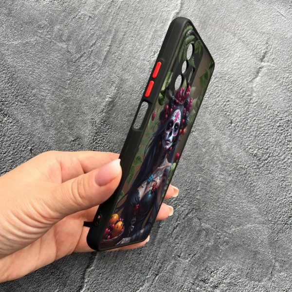 Чехол для Xiaomi 11T / 11T Pro с защитой камеры девушка Санта-Муэрте и листьями