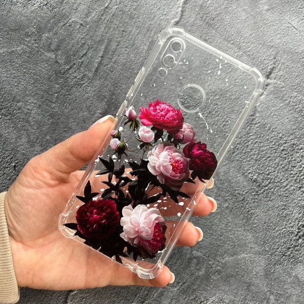 Чохол для Huawei P Smart+ (nova 3i) з захистом камери з квітами півонії багряні протиударний прозорий силіконовий чохол
