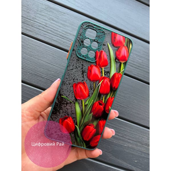 Чохол для Xiaomi Redmi Note 11 Pro Plus 5G з захистом камери з квітами червоні тюльпани з темно-зеленим бортиком