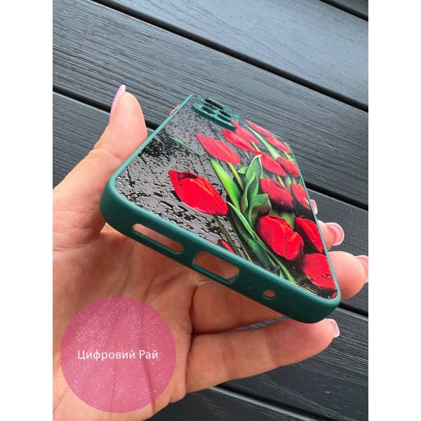Чехол для Xiaomi Redmi Note 11 Pro Plus 5G с защитой камеры с цветами красных тюльпанов с темно-зеленым бортиком