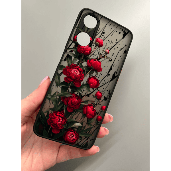 Чехол для Oppo A38 / A18 с защитой камеры с цветами красные пионы маленькие