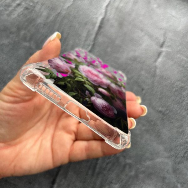 Чехол для Xiaomi 11T / 11T Pro с защитой камеры с цветами розовые пионы противоударный прозрачный силиконовый чехол