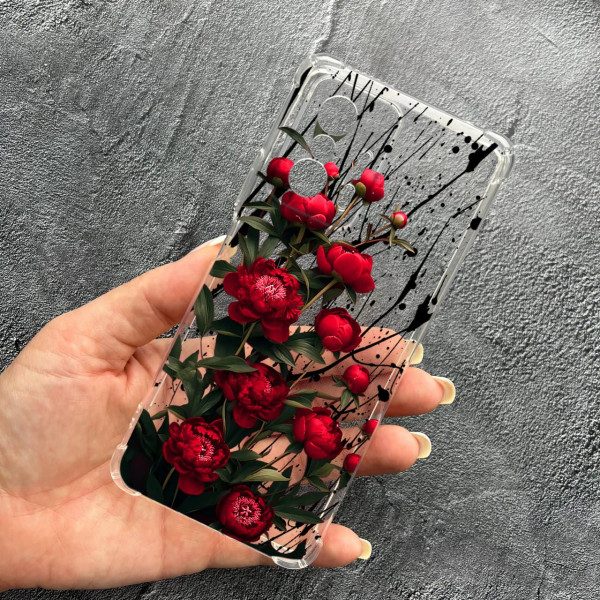 Чохол для Xiaomi 11T / 11T Pro з захистом камери з квітами червоні півонії маленькі протиударний прозорий силіконовий чохол