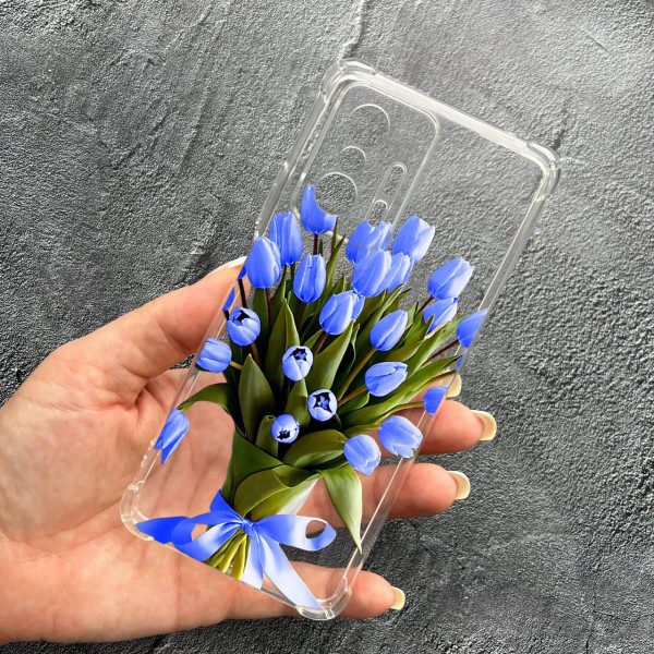 Чохол для Xiaomi 11T / 11T Pro з захистом камери з квітами букет синіх тюльпанів протиударний прозорий силіконовий чохол