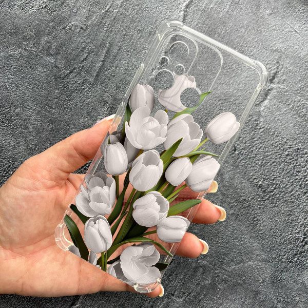 Чохол для Xiaomi Redmi 12C з захистом камери з квітами білі тюльпани протиударний прозорий силіконовий чохол