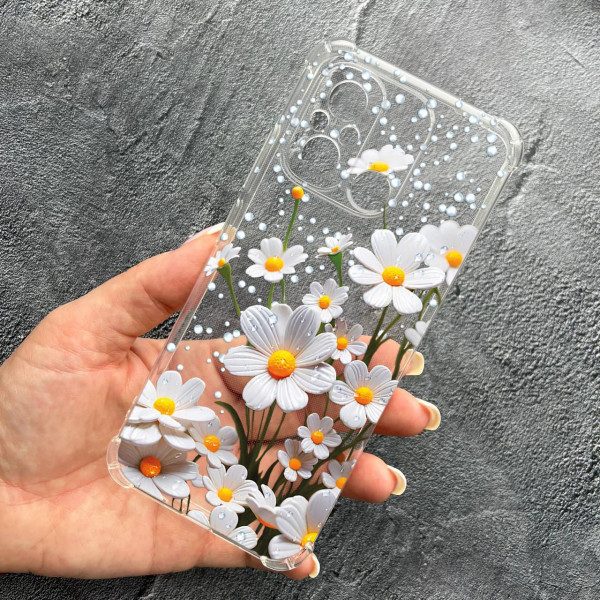 Чохол для Xiaomi Redmi 12C з захистом камери з квітами ромашки білі протиударний прозорий силіконовий чохол