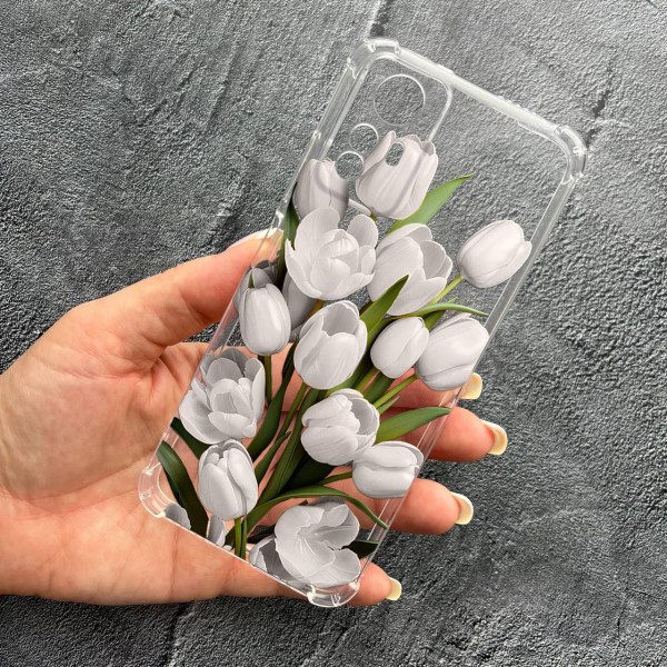 Чохол для Xiaomi Redmi Note 12S з захистом камери з квітами білі тюльпани протиударний прозорий силіконовий чохол