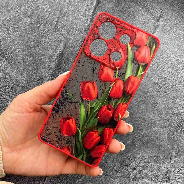 Чехол для Redmi Note 13 5G с защитой камеры с цветами красные тюльпаны с красным бортиком
