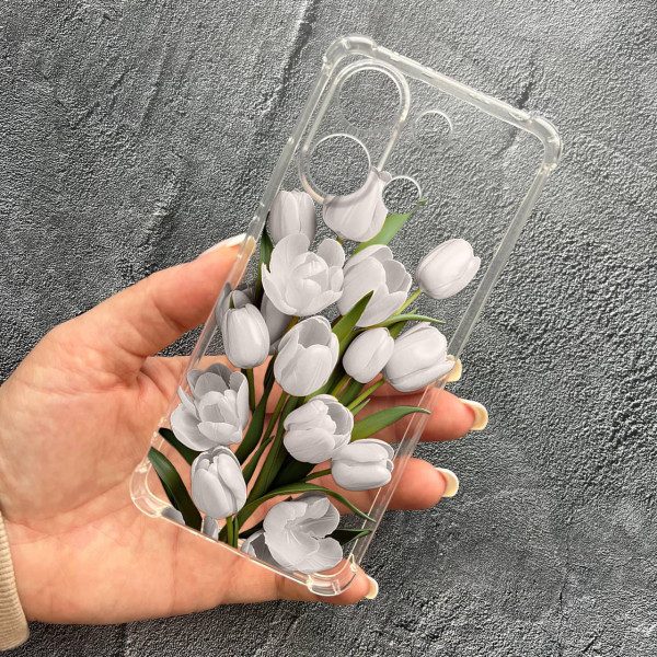 Чохол для Xiaomi Redmi Note 13 4G з захистом камери з квітами білі тюльпани протиударний прозорий силіконовий чохол
