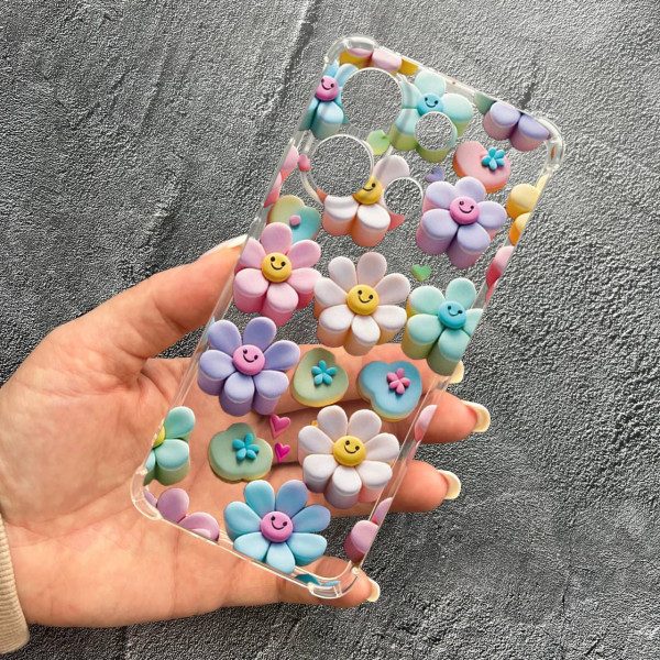 Чохол для Xiaomi Redmi Note 13 4G з захистом камери дитячий з квітами та смайликами протиударний прозорий силіконовий чохол