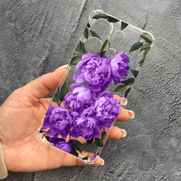 Чохол для Xiaomi Redmi Note 13 4G з захистом камери з квітами бузкові півонії протиударний прозорий силіконовий чохол