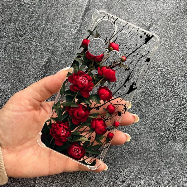 Чохол для Xiaomi Redmi Note 13 4G з захистом камери з квітами червоні півонії маленькі протиударний прозорий силіконовий чохол