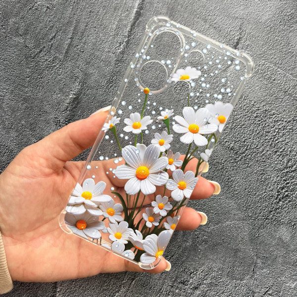 Чохол для Xiaomi Redmi Note 13 4G з захистом камери з квітами ромашки білі протиударний прозорий силіконовий чохол