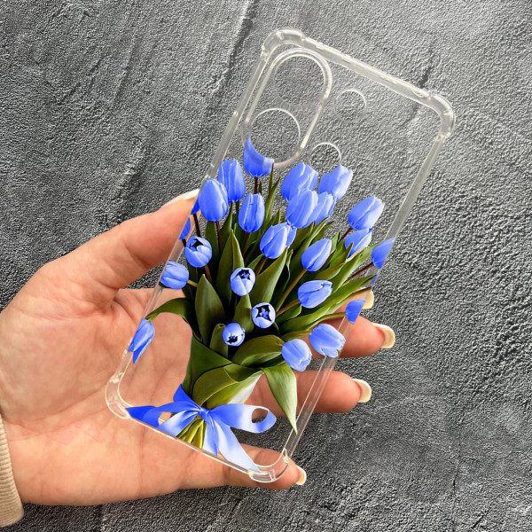 Чохол для Xiaomi Redmi Note 13 4G з захистом камери з квітами букет синіх тюльпанів протиударний прозорий силіконовий чохол