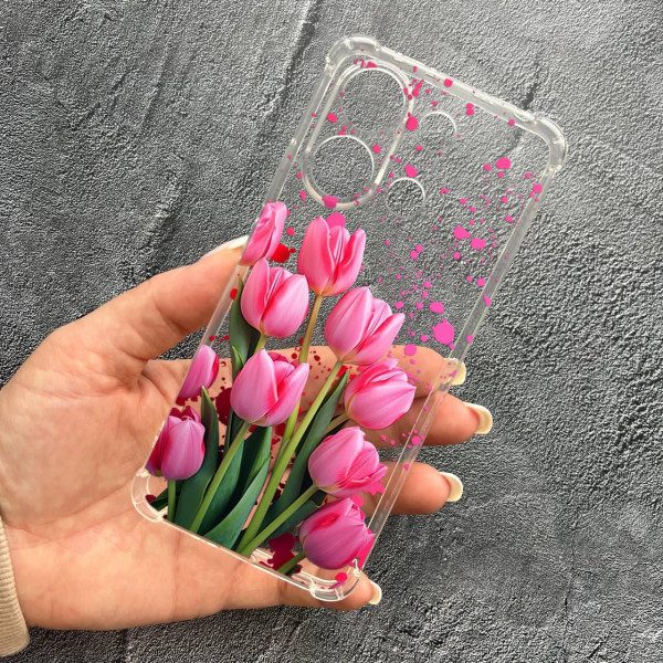 Чохол для Xiaomi Redmi Note 13 4G із захистом камери з квітами рожеві тюльпани протиударний прозорий силіконовий чохол