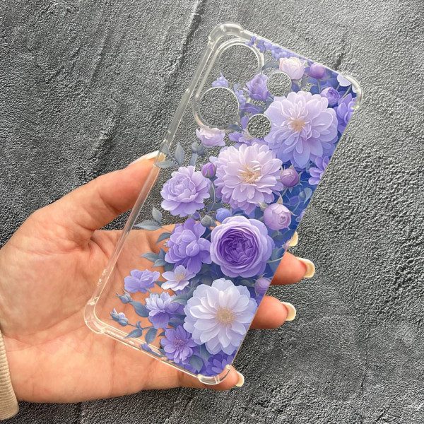 Чохол для Xiaomi Redmi Note 13 4G з захистом камери з квітами бузкові півонії ніжні протиударний прозорий силіконовий чохол