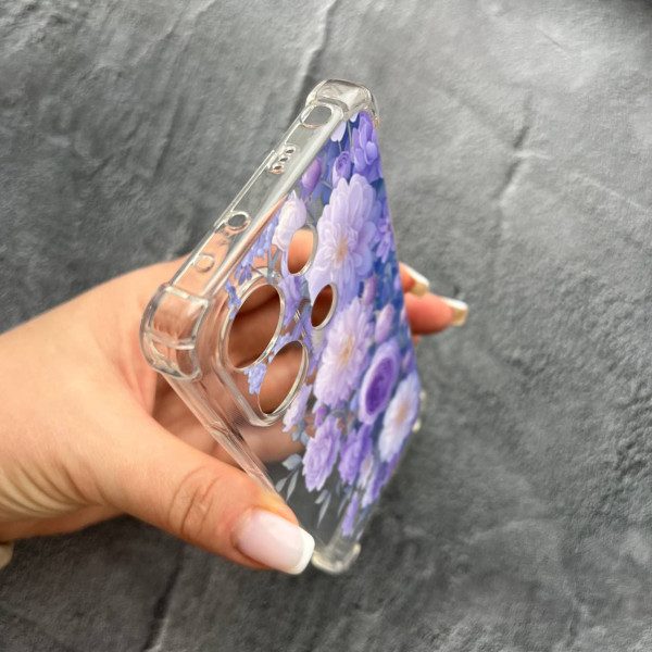 Чохол для Xiaomi Redmi Note 13 4G з захистом камери з квітами бузкові півонії ніжні протиударний прозорий силіконовий чохол
