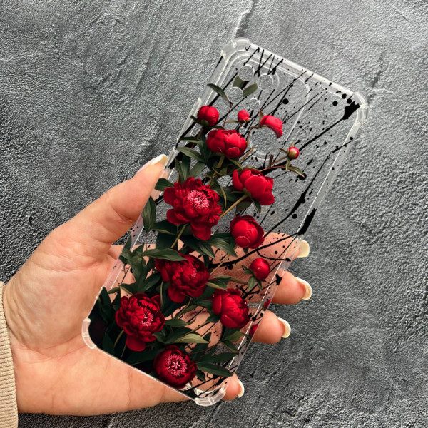 Чехол для Xiaomi Redmi 10С / Xiaomi Poco C40 с защитой камеры с цветами красные пионы маленькие противоударный прозрачный силиконовый чехол