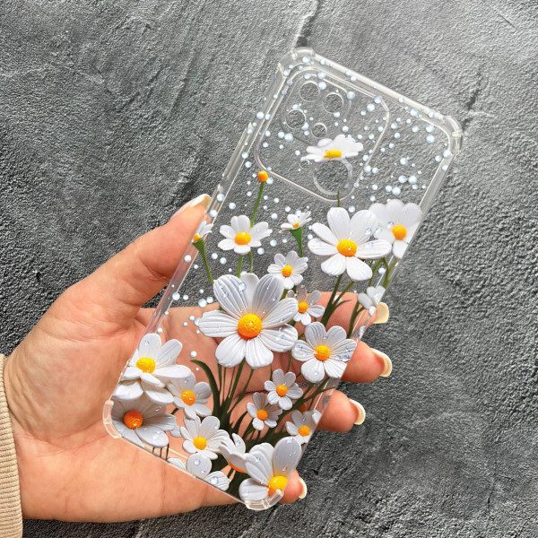 Чехол для Xiaomi Redmi 10С / Xiaomi Poco C40 с защитой камеры с цветами ромашки белые противоударный прозрачный силиконовый чехол