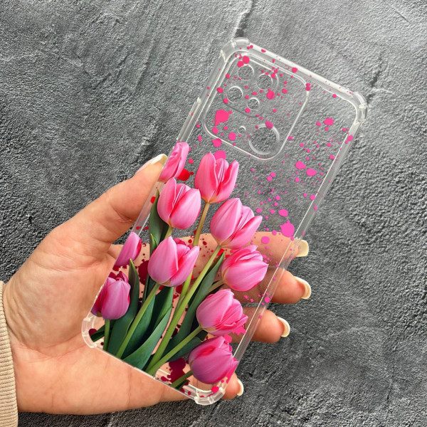 Чехол для Xiaomi Redmi 10С / Xiaomi Poco C40 с защитой камеры с цветами розовые тюльпаны противоударный прозрачный силиконовый чехол