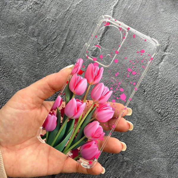 Чехол для Xiaomi 13 Lite с защитой камеры с цветами розовые тюльпаны противоударный прозрачный силиконовый чехол