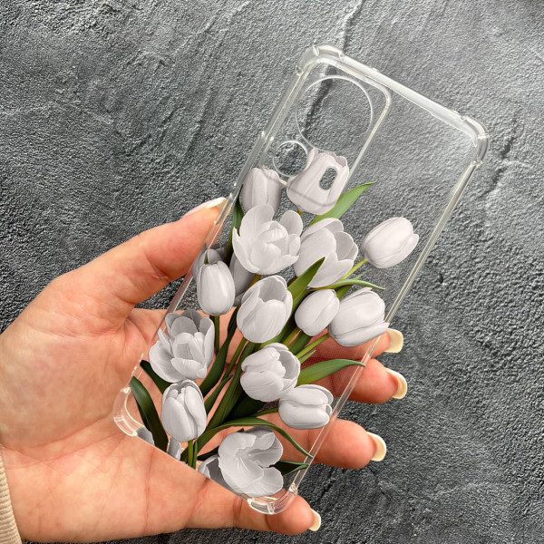 Чохол для Xiaomi 13 Lite з захистом камери з квітами білі тюльпани протиударний прозорий силіконовий чохол