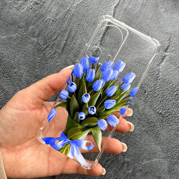 Чохол для Xiaomi 13 Lite з захистом камери з квітами букет синіх тюльпанів протиударний прозорий силіконовий чохол