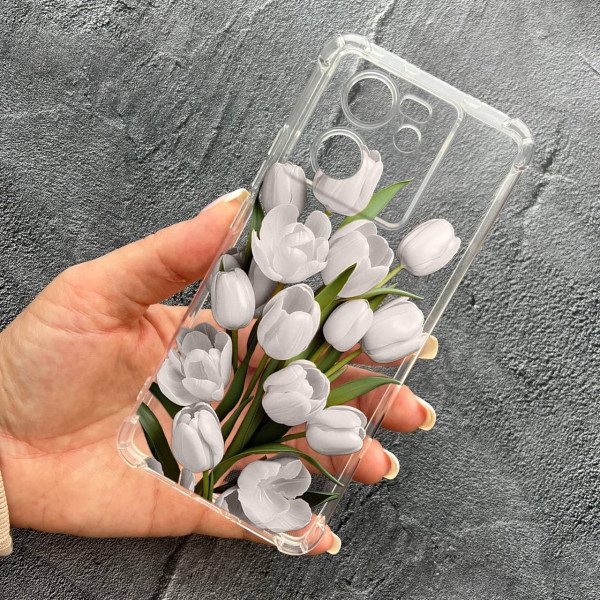 Чехол для Xiaomi 13T / 13T Pro с защитой камеры с цветами белые тюльпаны противоударный прозрачный силиконовый чехол