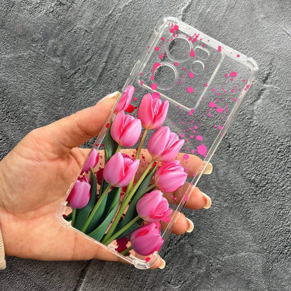 Чехол для Xiaomi 13T / 13T Pro с защитой камеры с цветами розовые тюльпаны противоударный прозрачный силиконовый чехол