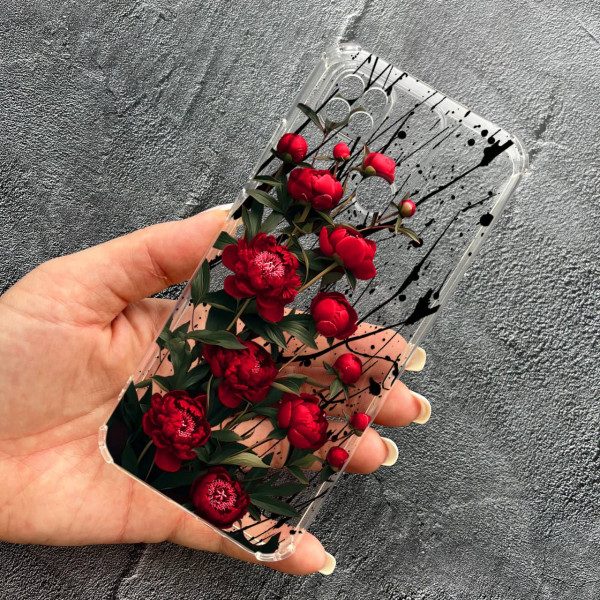 Чохол для Xiaomi Redmi 10A / Redmi 9C з захистом камери з квітами червоні півонії маленькі протиударний прозорий силіконовий чохол