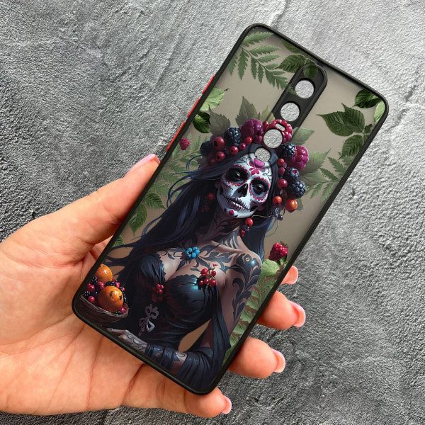Чехол для Xiaomi Mi 9T / Mi 9T Pro / Redmi K20 / K20 Pro с защитой камеры девушка Санта-Муэрте и листьями