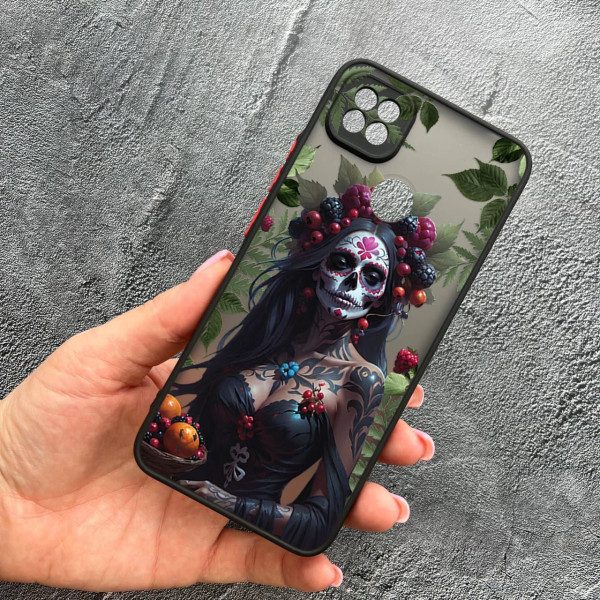Чехол для Xiaomi Redmi 10A / Redmi 9C с защитой камеры девушка Санта-Муэрте и листьями