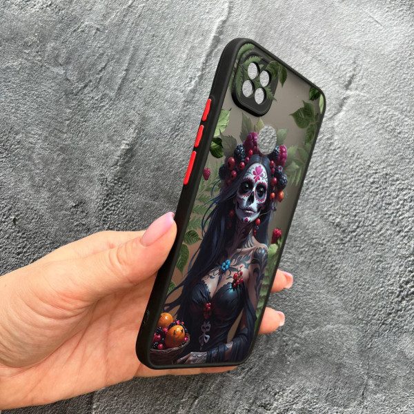Чехол для Xiaomi Redmi 10A / Redmi 9C с защитой камеры девушка Санта-Муэрте и листьями