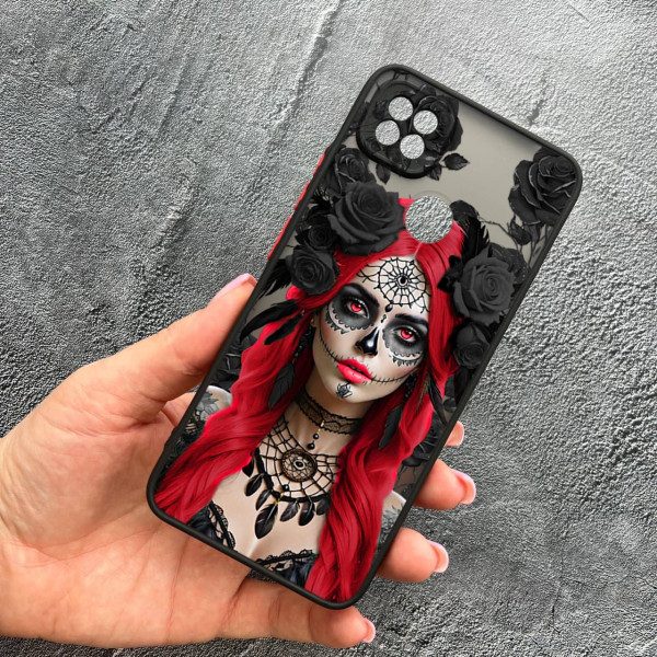 Чехол для Xiaomi Redmi 10A / Redmi 9C с защитой камеры девушка Санта-Муэрте в розах