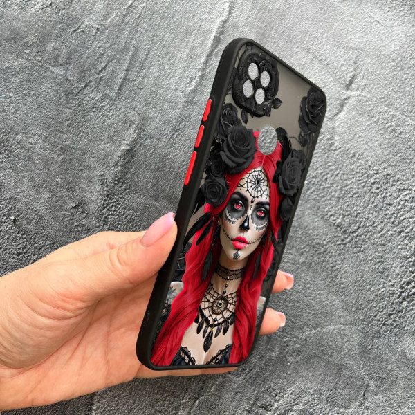 Чехол для Xiaomi Redmi 10A / Redmi 9C с защитой камеры девушка Санта-Муэрте в розах