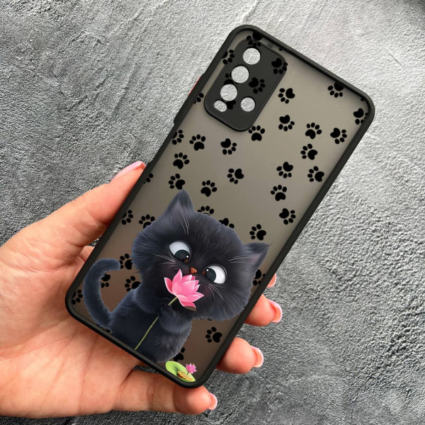 Чохол для Xiaomi Redmi 9T з захистом камери дитячий з котиком та квіткою
