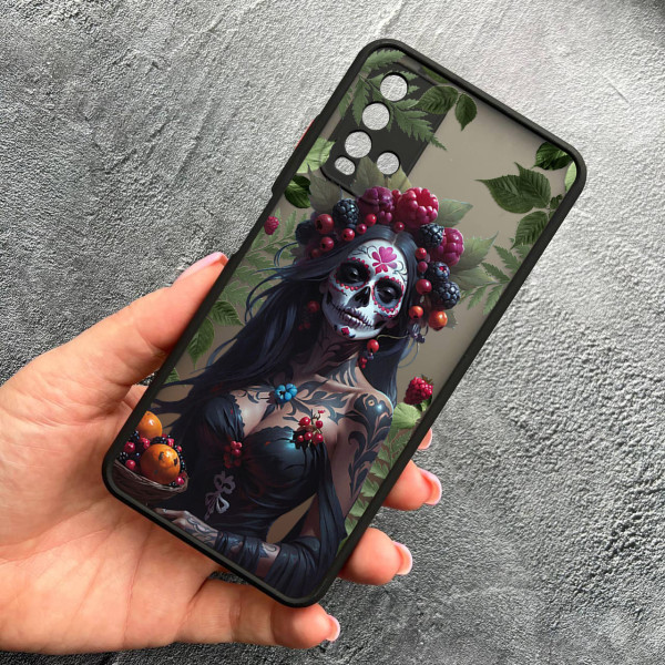 Чохол для Xiaomi Redmi 9T з захистом камери дівчина Санта-Муерте та листями