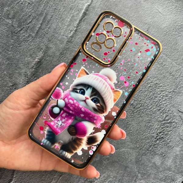 Чехол для Oppo А54 4G с защитой камеры с зимним котиком с черным бортиком и золотой обводкой