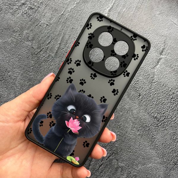 Чехол для Xiaomi Redmi Note 14 Pro Plus с защитой камеры детский с котом и цветком