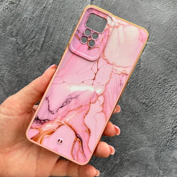 Чохол для Xiaomi Redmi Note 11 Pro / Redmi Note 12 Pro 4G з захистом камери з мрамором з персиковим бортиком та золотою обводкою