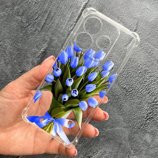 Чехол для Xiaomi Redmi Note 14 5G с защитой камеры с цветами букет синих тюльпанов противоударный прозрачный силиконовый чехол