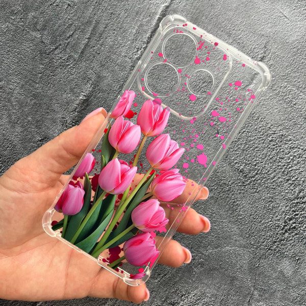 Чехол для Xiaomi Redmi Note 14 5G с защитой камеры с цветами розовые тюльпаны противоударный прозрачный силиконовый чехол