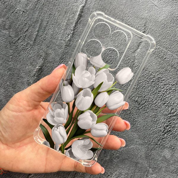 Чехол для Xiaomi 14T с защитой камеры с цветами белые тюльпаны противоударный прозрачный силиконовый чехол