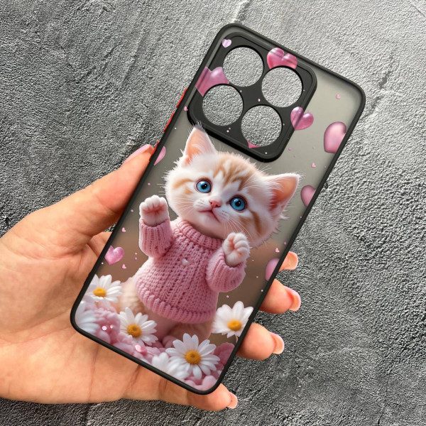 Чехол для Xiaomi 14T с защитой камеры с котом в цветах ромашки