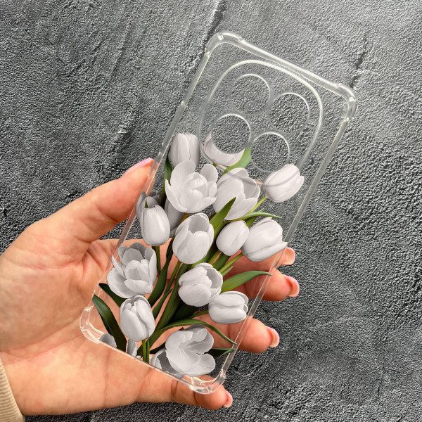 Чехол для Xiaomi Redmi Note 14 Pro Plus с защитой камеры с цветами белые тюльпаны противоударный прозрачный силиконовый чехол