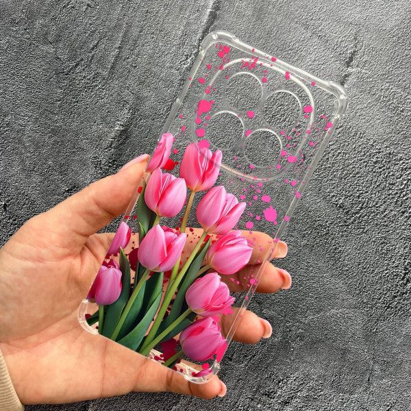 Чехол для Xiaomi Redmi Note 14 Pro 5G с защитой камеры с цветами розовые тюльпаны противоударный прозрачный силиконовый чехол